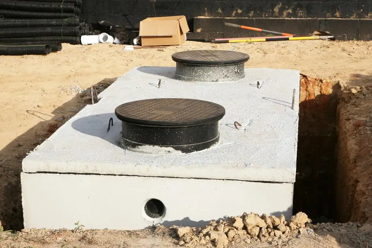 Judd Septic Tank Cleaning shows a septic tank ready for use at a work site, good for drain projects and upkeep.